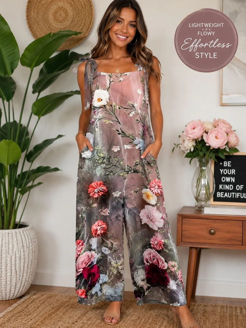 Source Unknown Floral Wide-Leg Jumpsuit in Dusty Rose and Green - Picture 1 of 3